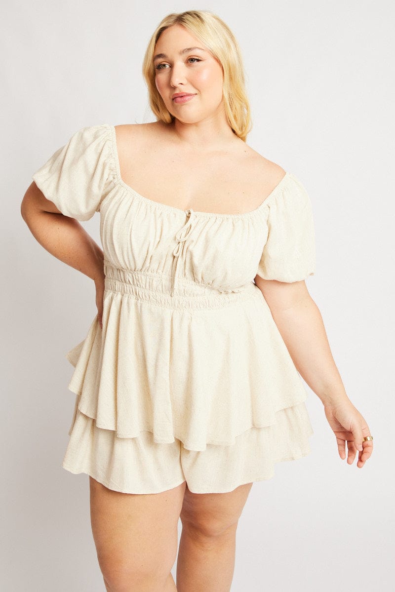 Beige Playsuit Short Sleeve Ruched for YouandAll Fashion