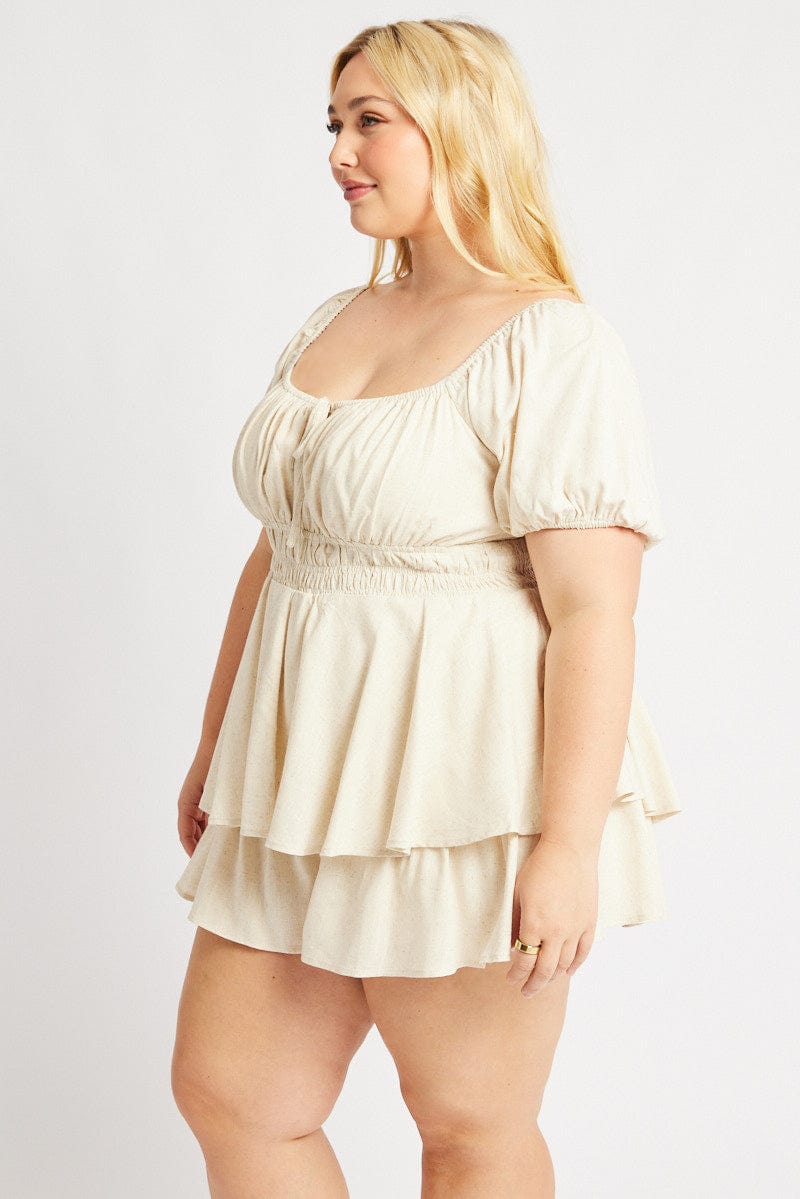 Beige Playsuit Short Sleeve Ruched for YouandAll Fashion