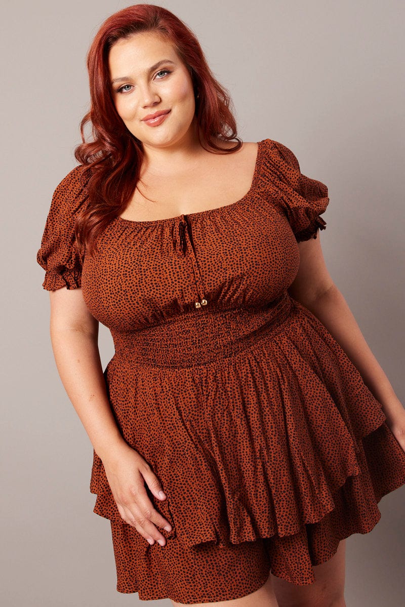 Brown Geo Ruffle Playsuit Short Sleeve Ruched Bust for YouandAll Fashion
