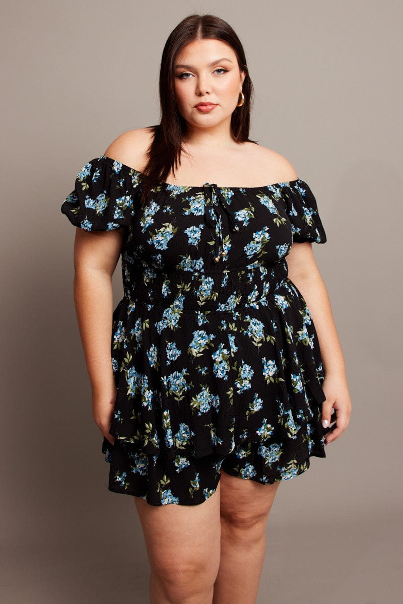 Black Ditsy Ruffle Playsuit Short Sleeve for YouandAll Fashion