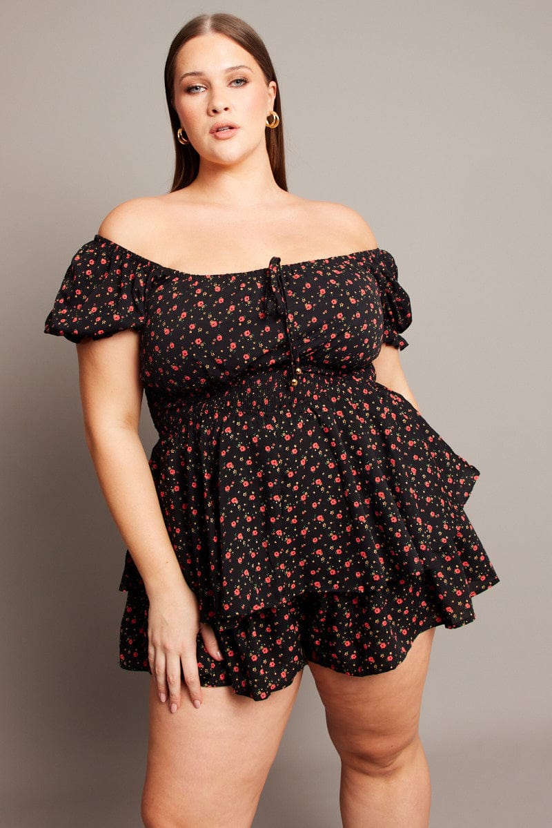 Black Ditsy Ruffle Playsuit Short Sleeve for YouandAll Fashion