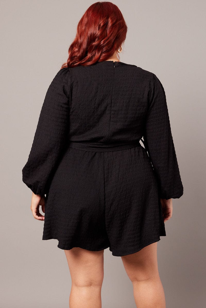 Black Textured Playsuit Long Sleeve Tie Back for YouandAll Fashion