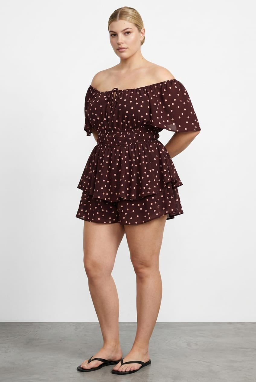 Red Polka Dot Playsuit Short Sleeve Ruched Bust