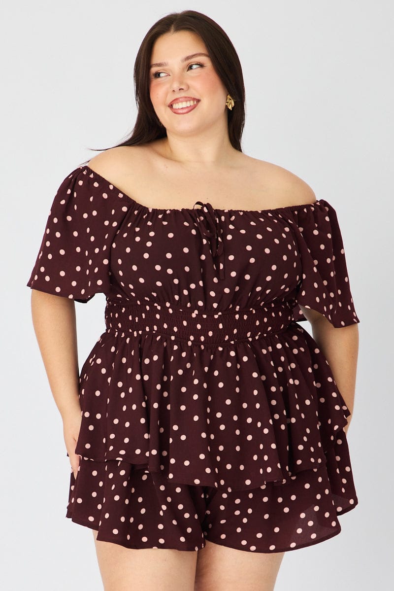 Red Polka Dot Playsuit Short Sleeve Ruched Bust for YouandAll Fashion
