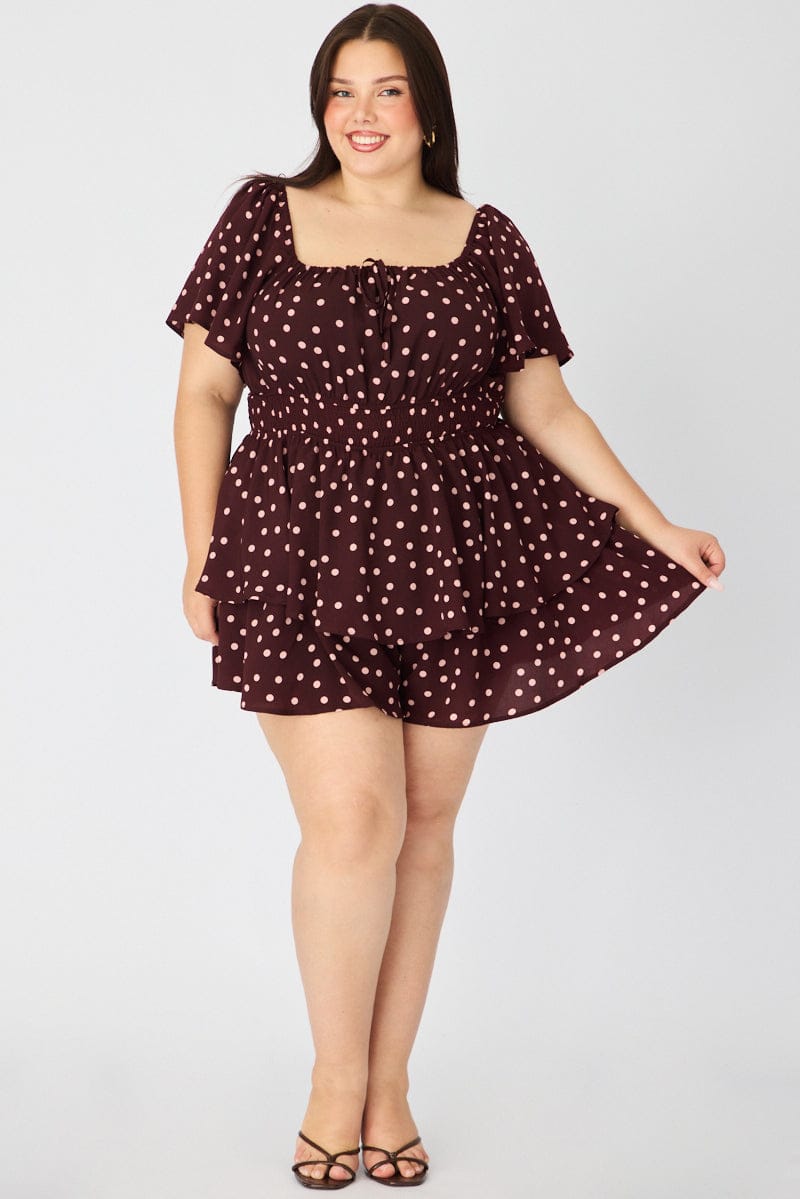 Red Polka Dot Playsuit Short Sleeve Ruched Bust for YouandAll Fashion