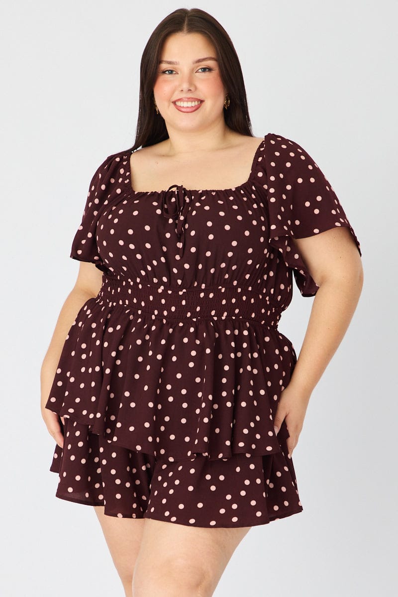 Red Polka Dot Playsuit Short Sleeve Ruched Bust for YouandAll Fashion