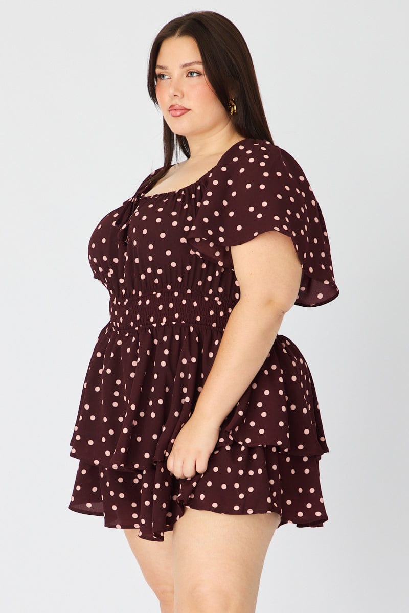Red Polka Dot Playsuit Short Sleeve Ruched Bust for YouandAll Fashion