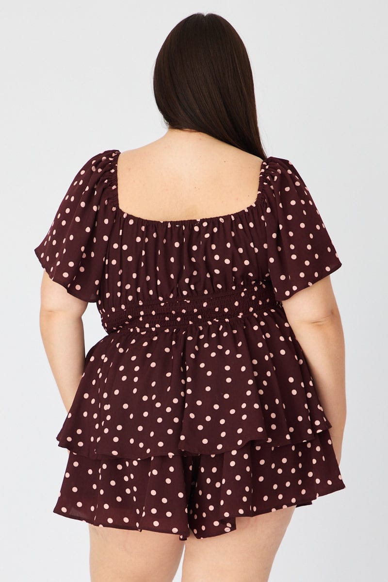 Red Polka Dot Playsuit Short Sleeve Ruched Bust for YouandAll Fashion