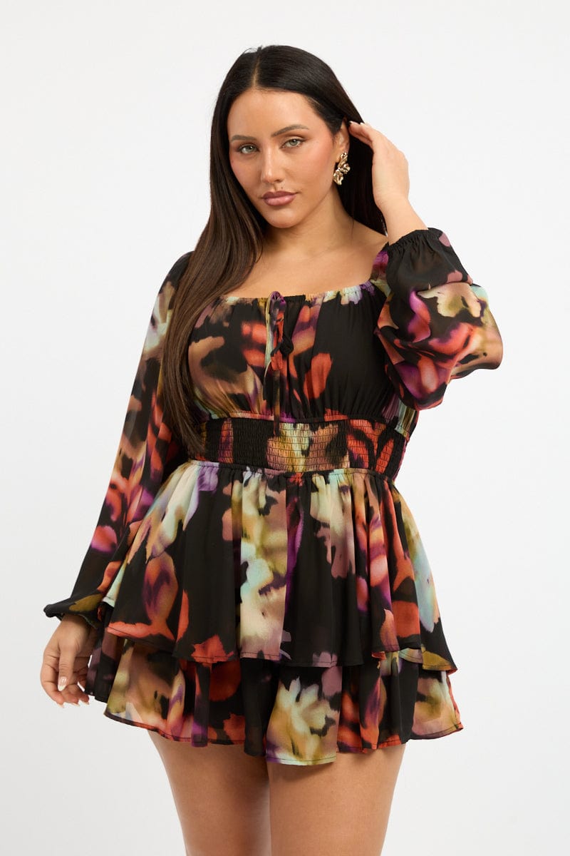 Multi Abstract Playsuit Short Sleeve Ruched Bust for YouandAll Fashion