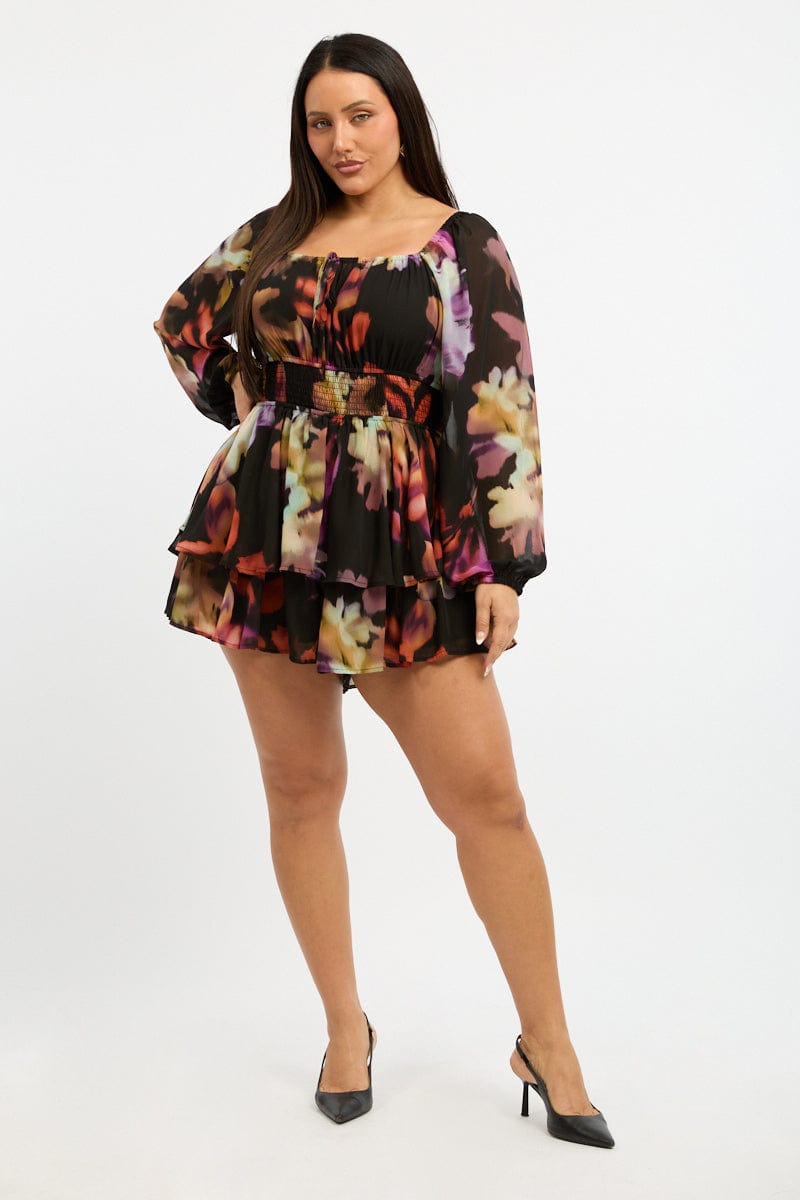 Multi Abstract Playsuit Short Sleeve Ruched Bust for YouandAll Fashion