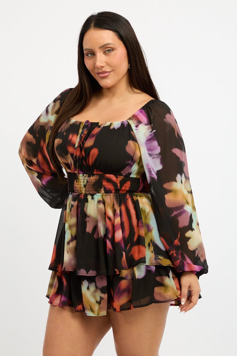 Multi Abstract Playsuit Short Sleeve Ruched Bust for YouandAll Fashion