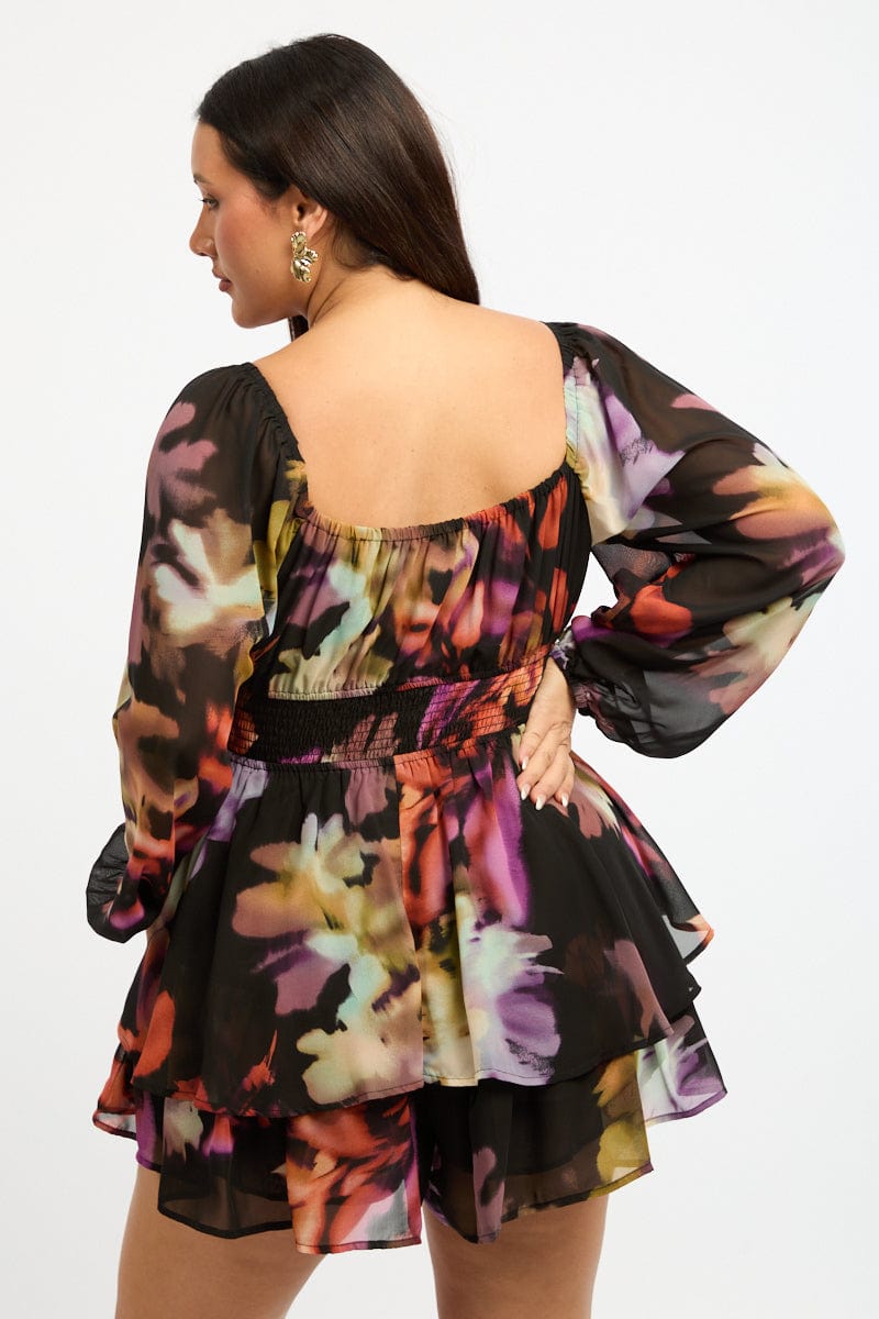 Multi Abstract Playsuit Short Sleeve Ruched Bust for YouandAll Fashion