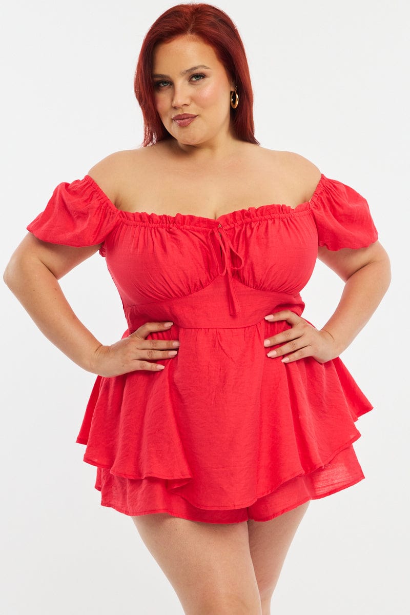 Red Ruched Playsuit Short Sleeve for YouandAll Fashion