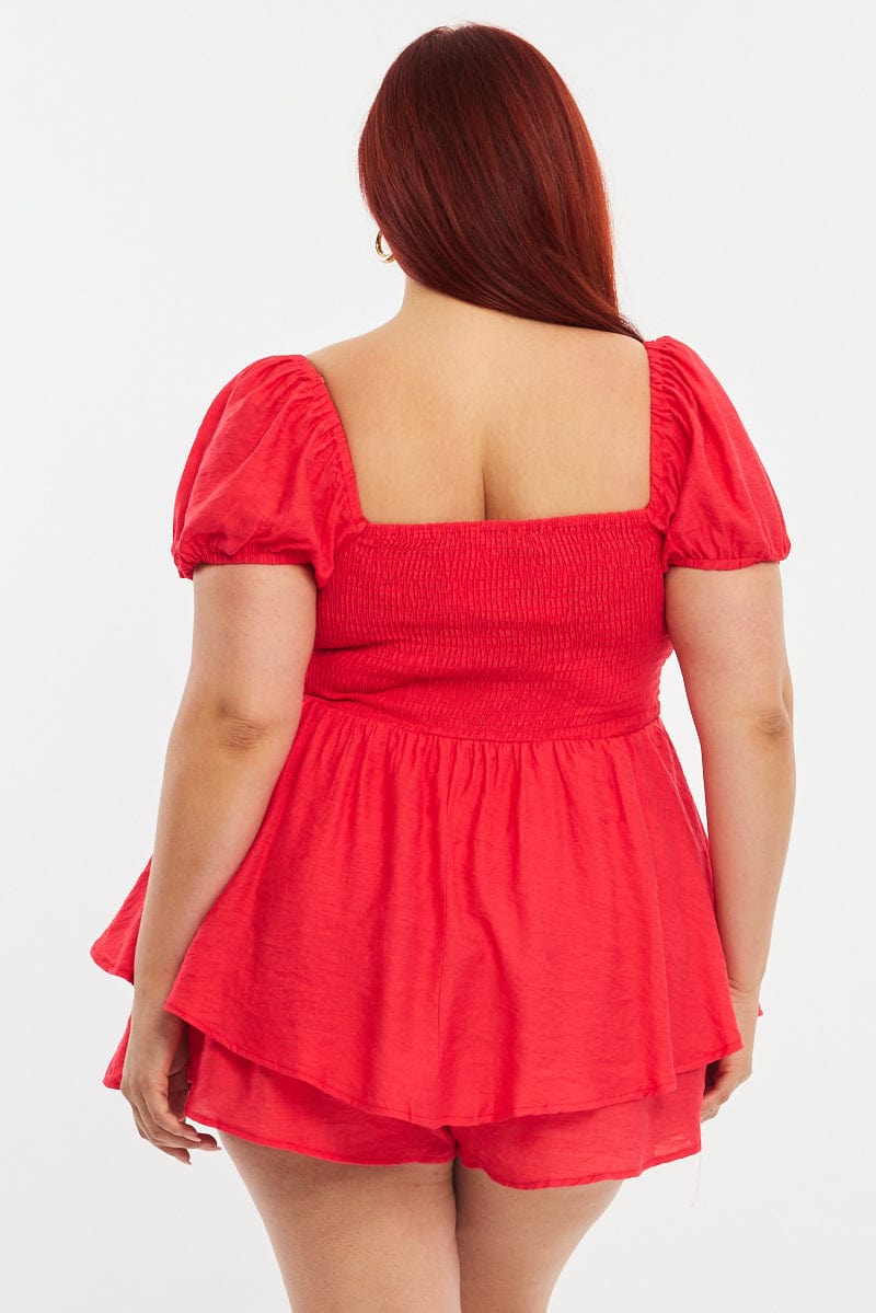 Red Ruched Playsuit Short Sleeve for YouandAll Fashion