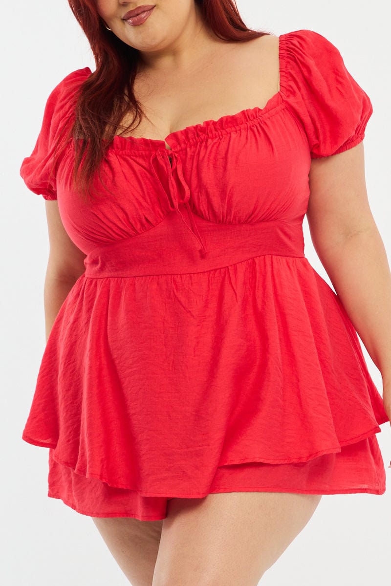 Red Ruched Playsuit Short Sleeve for YouandAll Fashion