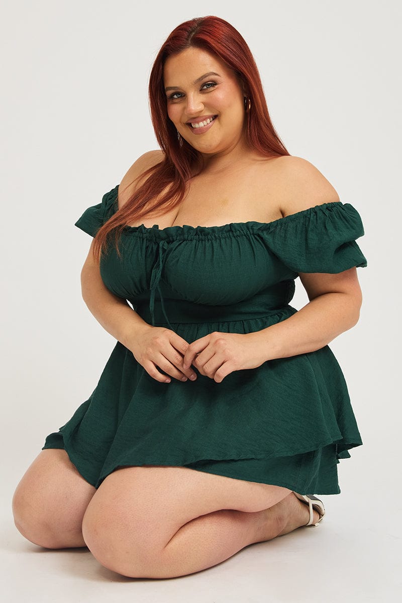 Green Ruched Playsuit Short Sleeve for YouandAll Fashion