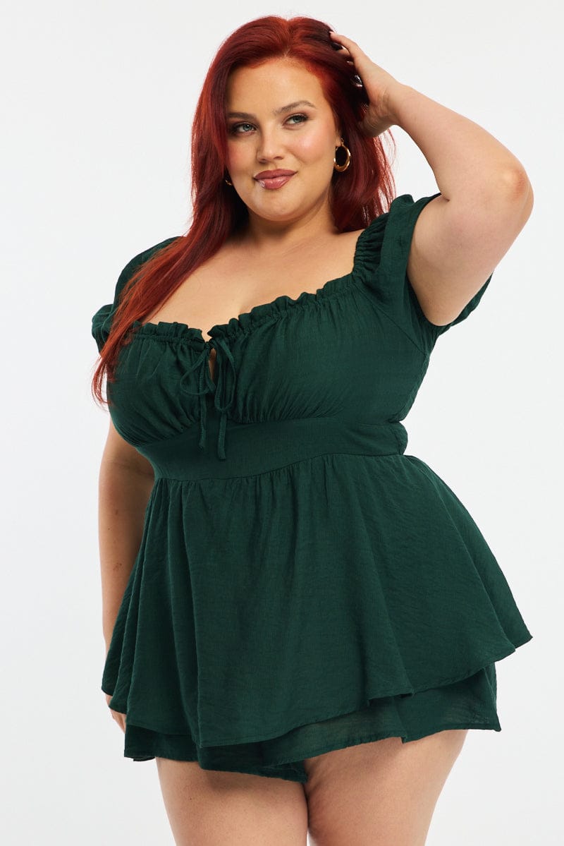 Green Ruched Playsuit Short Sleeve for YouandAll Fashion