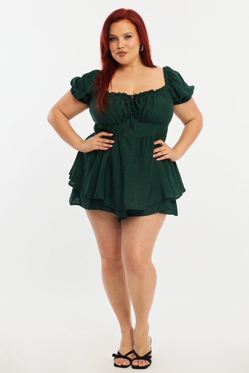 Green Ruched Playsuit Short Sleeve for YouandAll Fashion