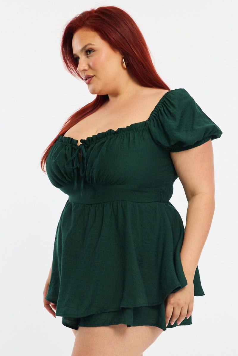 Green Ruched Playsuit Short Sleeve for YouandAll Fashion