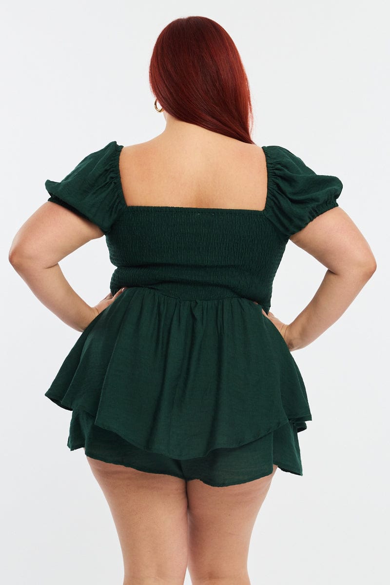 Green Ruched Playsuit Short Sleeve for YouandAll Fashion