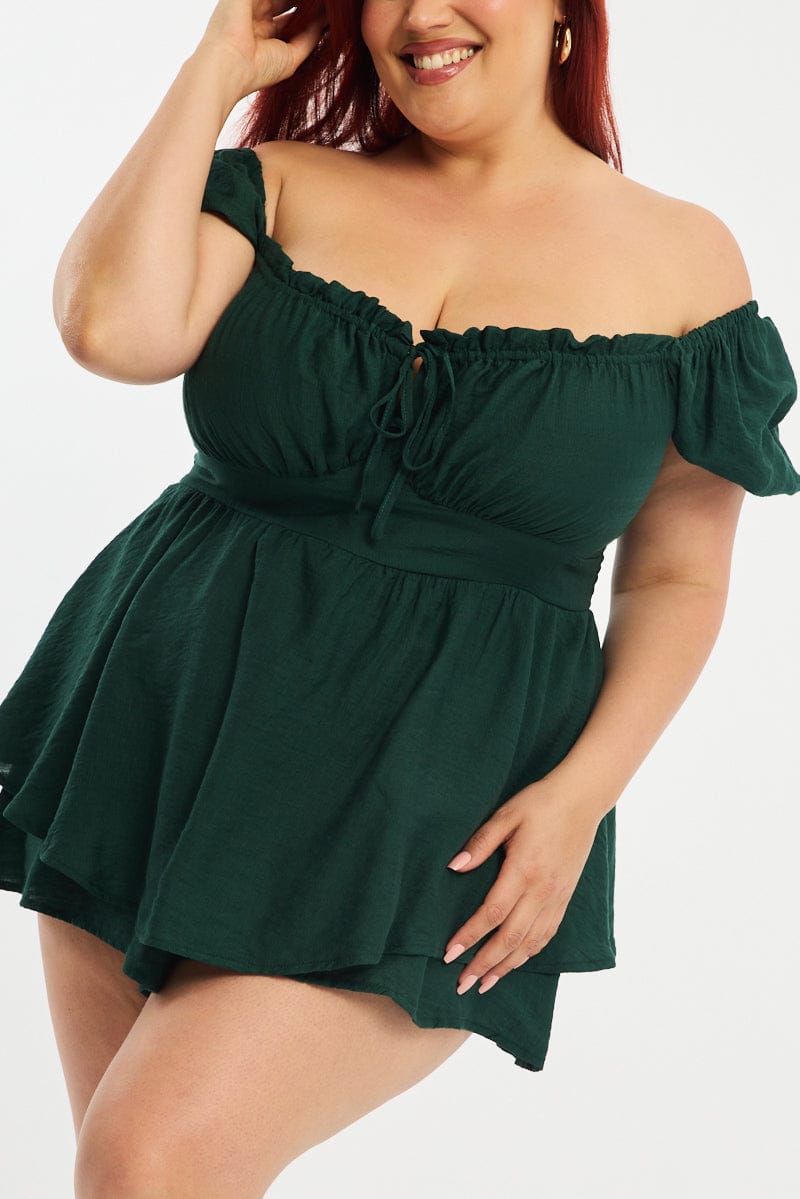 Green Ruched Playsuit Short Sleeve for YouandAll Fashion