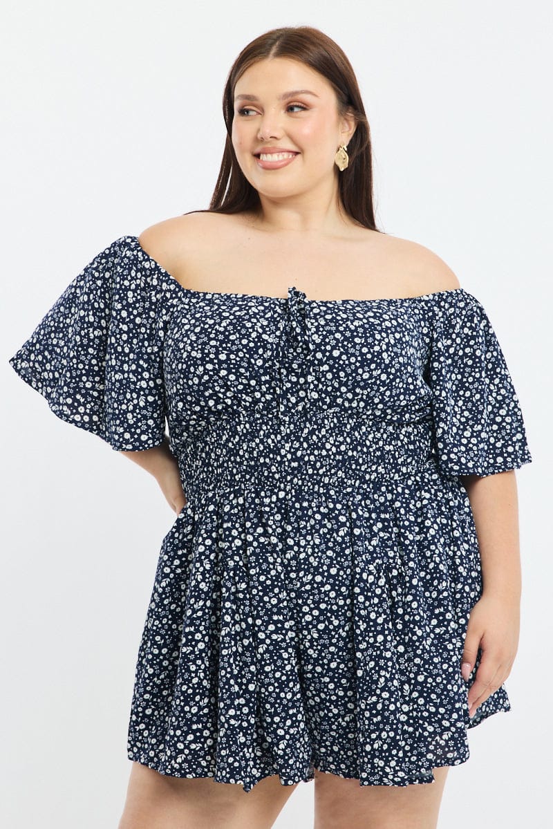 Blue Ditsy Playsuit Short Sleeve Ruched Bust for YouandAll Fashion