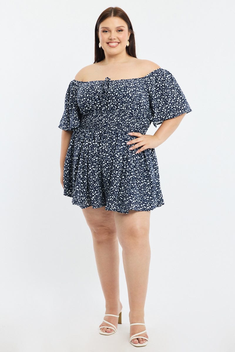 Blue Ditsy Playsuit Short Sleeve Ruched Bust for YouandAll Fashion