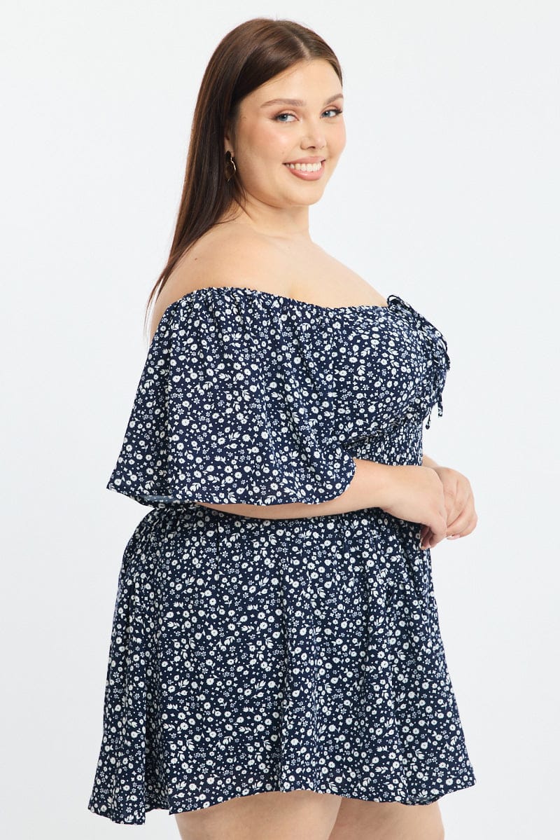 Blue Ditsy Playsuit Short Sleeve Ruched Bust for YouandAll Fashion