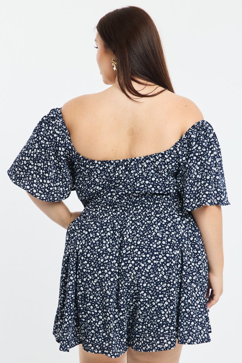 Blue Ditsy Playsuit Short Sleeve Ruched Bust for YouandAll Fashion