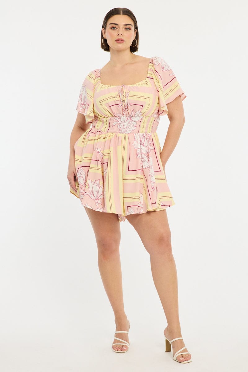 Pink Floral Playsuit Short Sleeve Floral for YouandAll Fashion