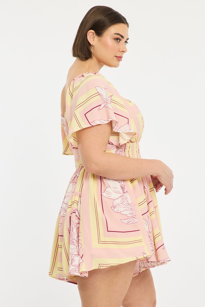 Pink Floral Playsuit Short Sleeve Floral for YouandAll Fashion