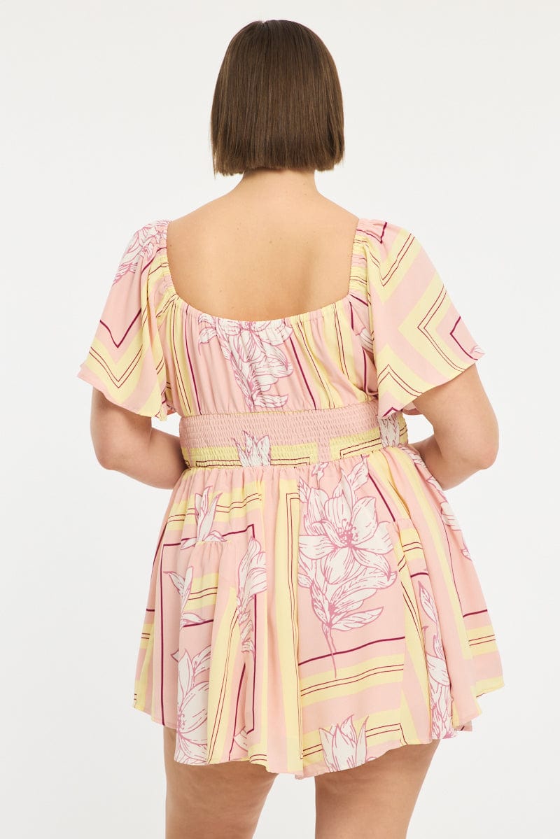 Pink Floral Playsuit Short Sleeve Floral for YouandAll Fashion