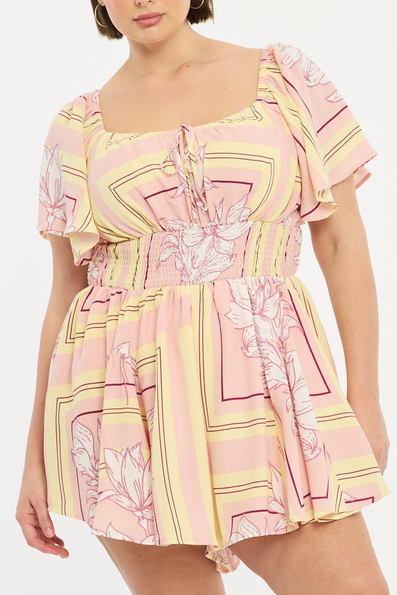 Pink Floral Playsuit Short Sleeve Floral for YouandAll Fashion