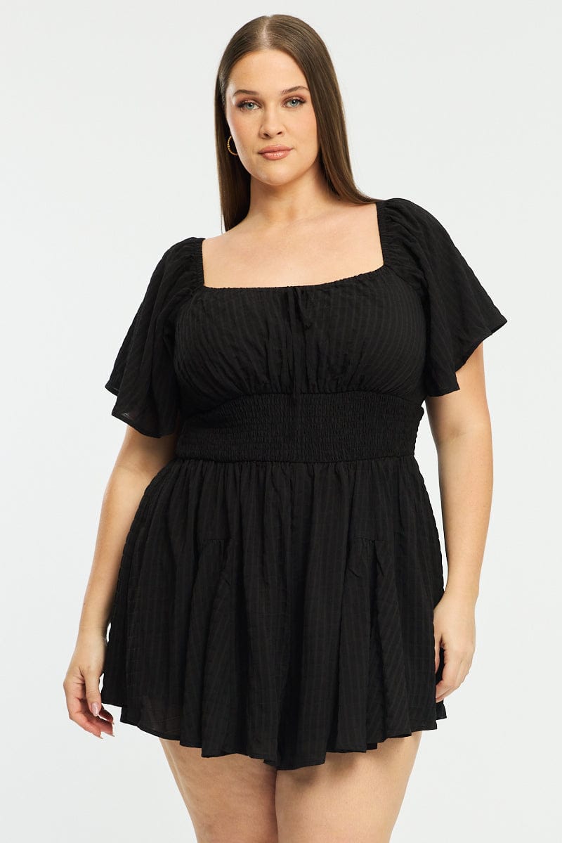 Black Playsuit Short Sleeve Textured for YouandAll Fashion