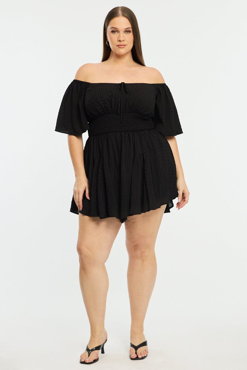 Black Playsuit Short Sleeve Textured for YouandAll Fashion