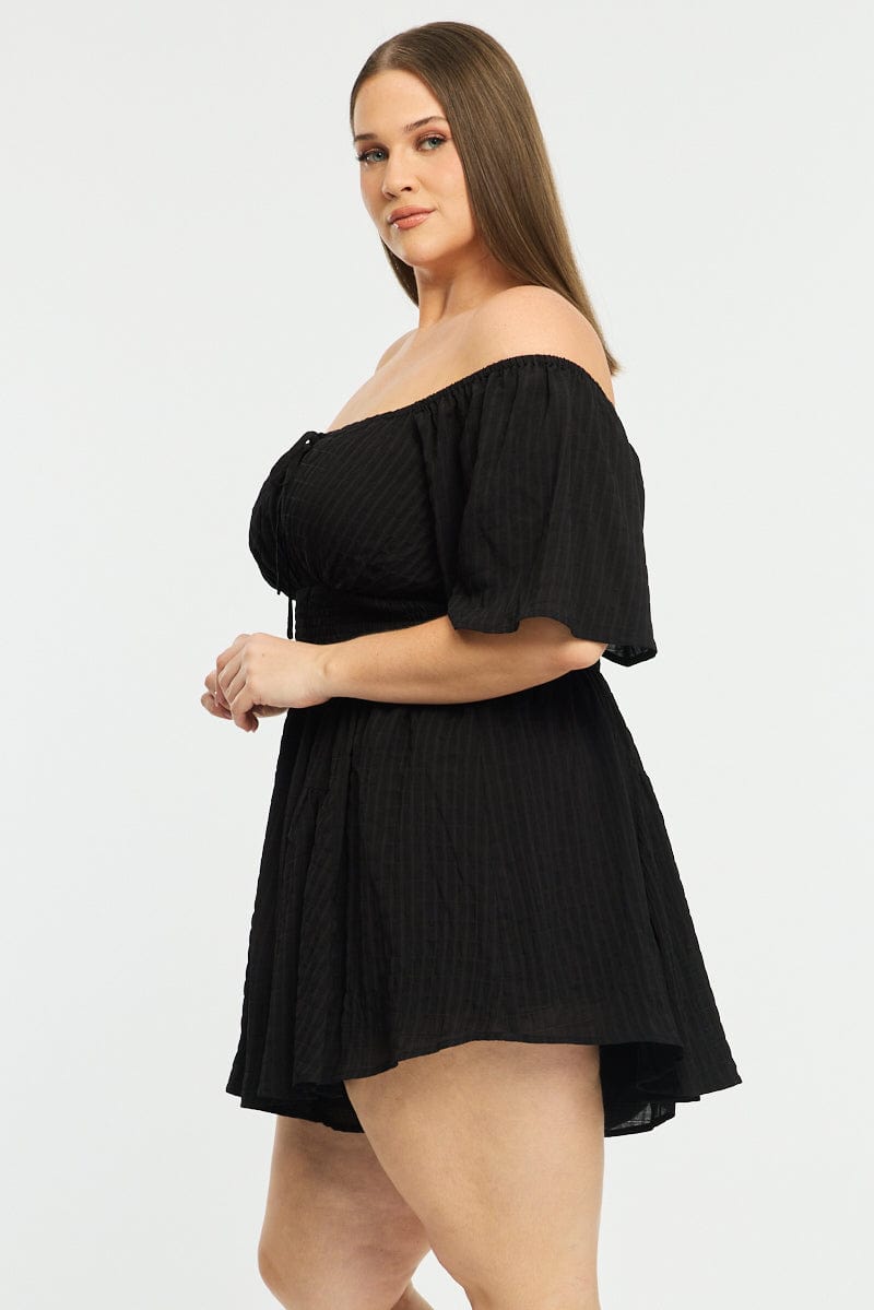 Black Playsuit Short Sleeve Textured for YouandAll Fashion