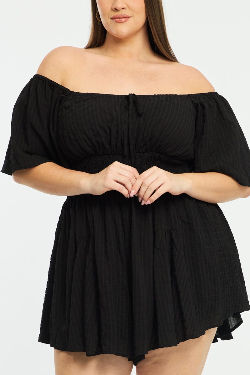 Black Playsuit Short Sleeve Textured for YouandAll Fashion