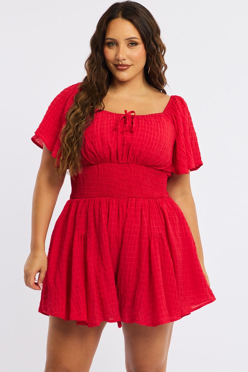 Red Playsuit Short Sleeve Textured for YouandAll Fashion