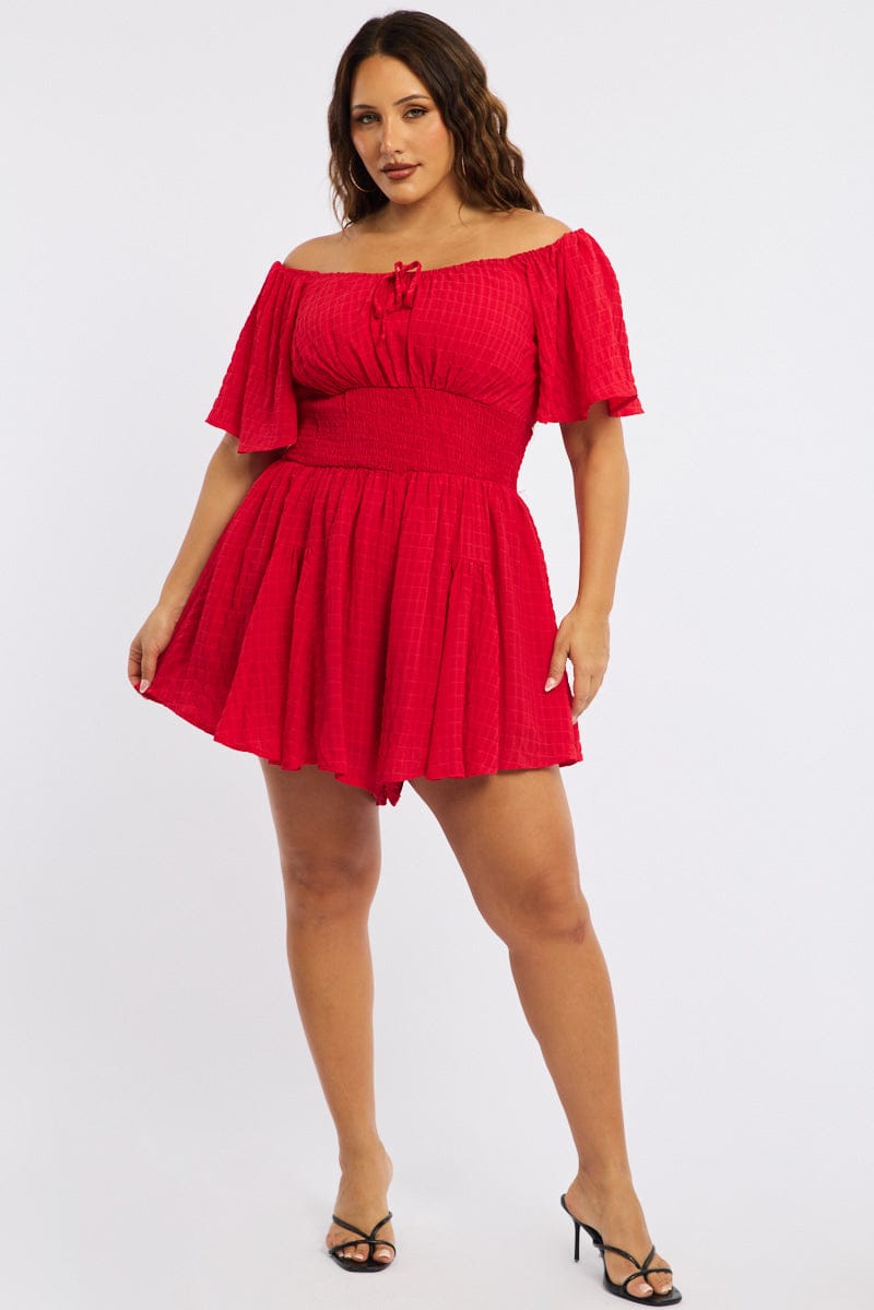 Red Playsuit Short Sleeve Textured for YouandAll Fashion