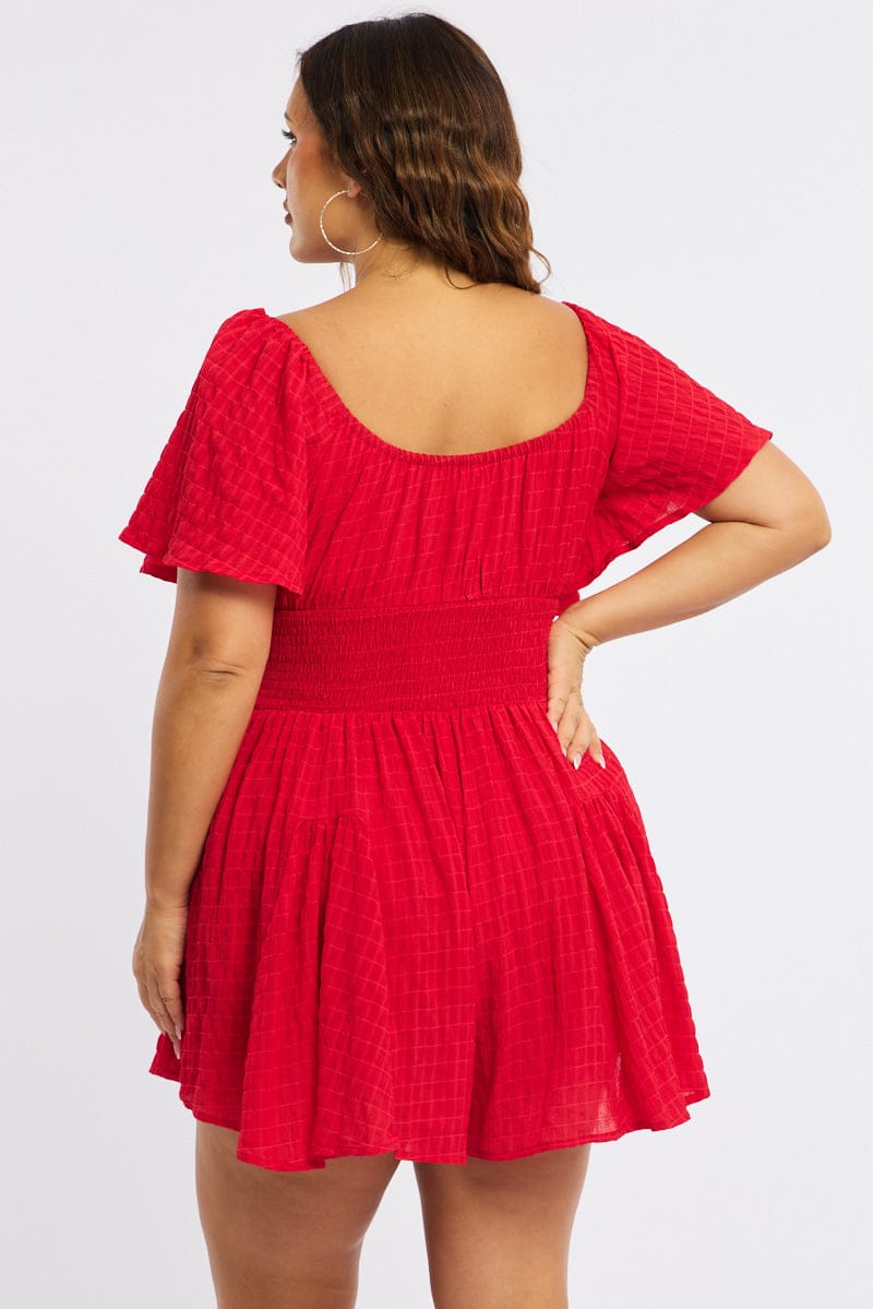 Red Playsuit Short Sleeve Textured for YouandAll Fashion