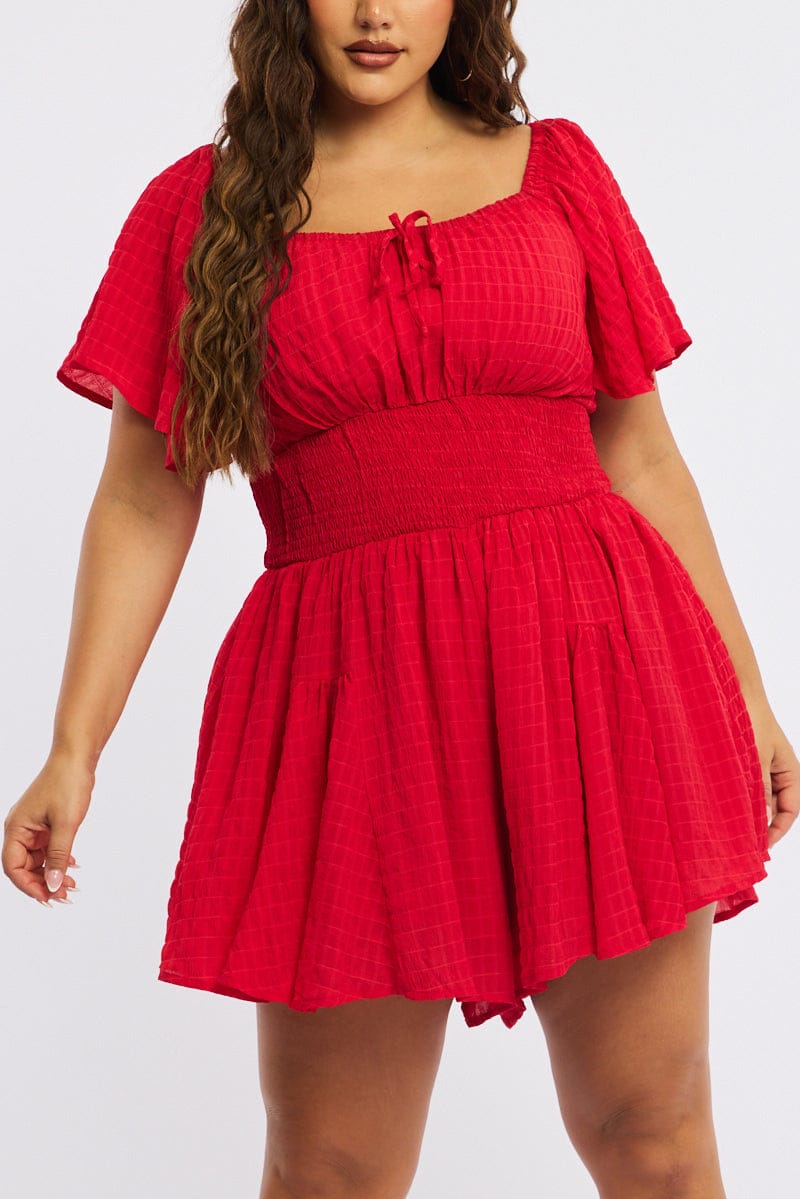 Red Playsuit Short Sleeve Textured for YouandAll Fashion