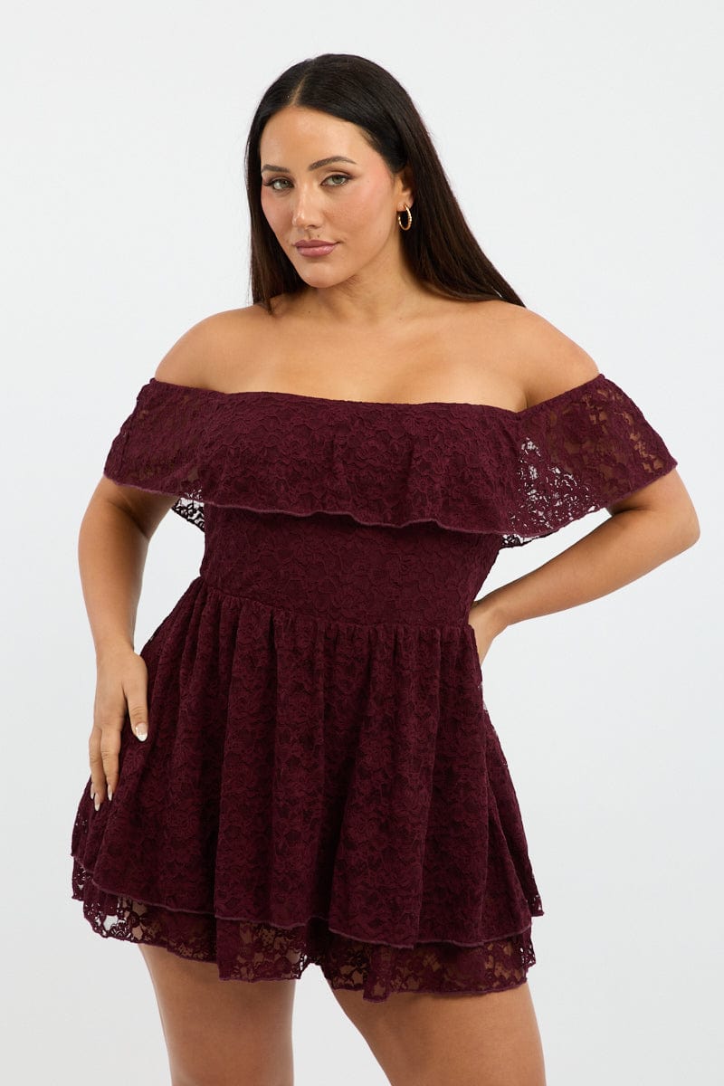 Red Playsuit Short Sleeve Off Shoulder Lace for YouandAll Fashion
