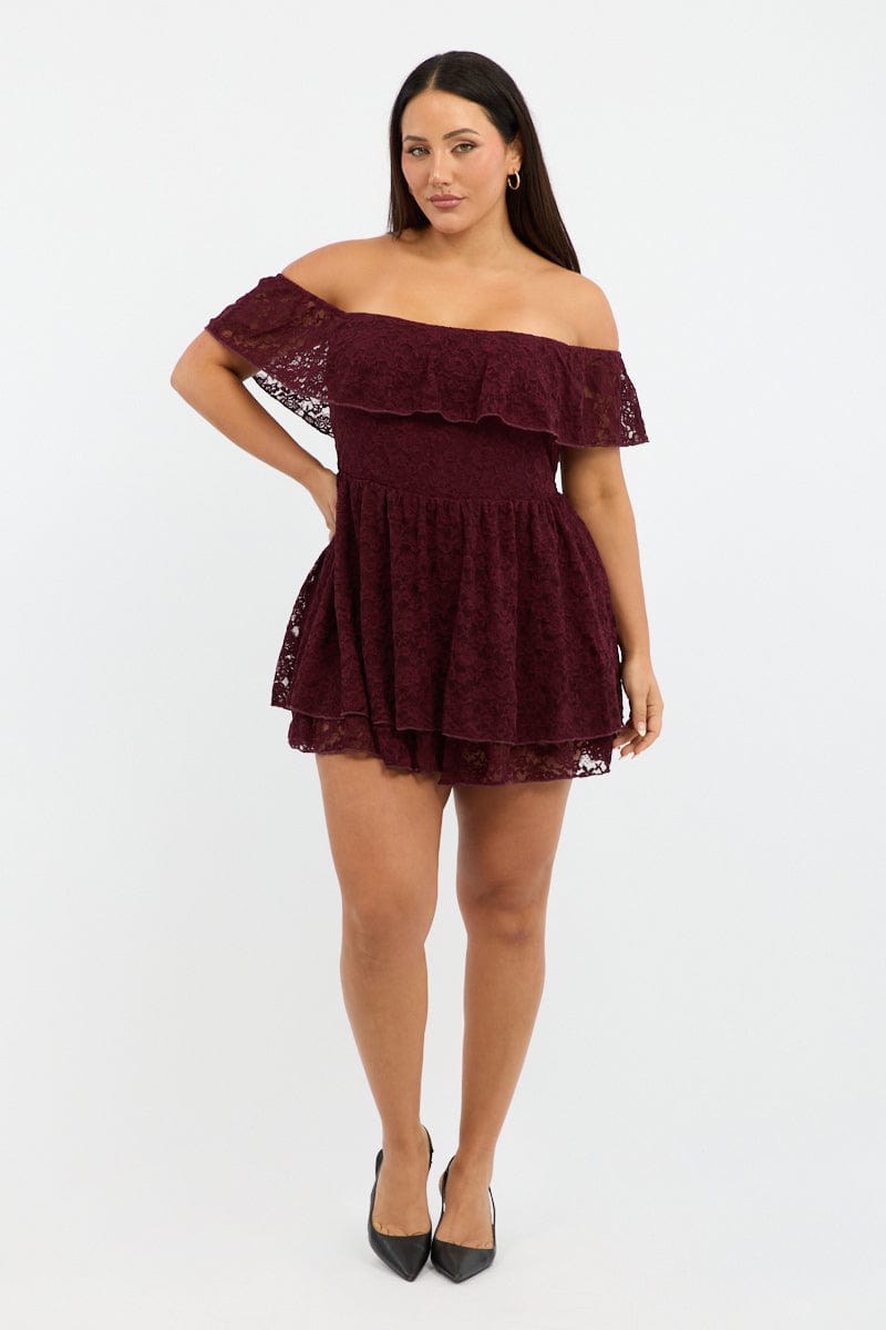 Red Playsuit Short Sleeve Off Shoulder Lace for YouandAll Fashion