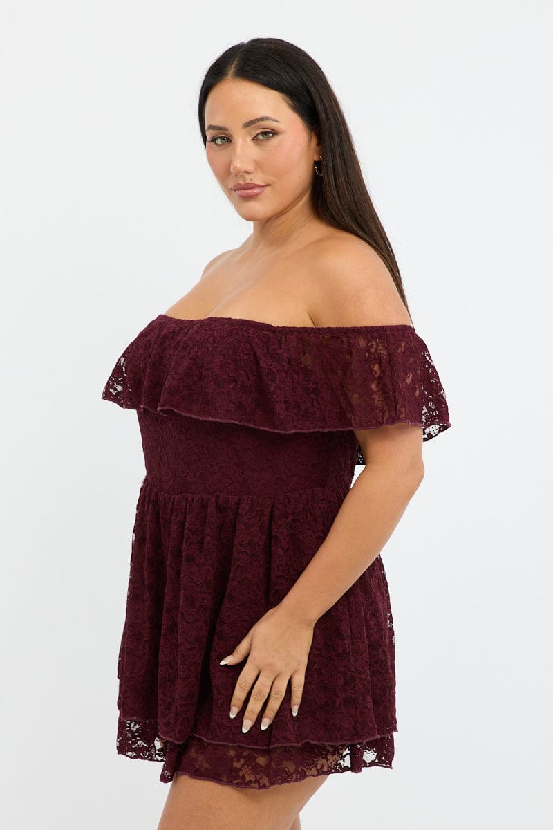 Red Playsuit Short Sleeve Off Shoulder Lace for YouandAll Fashion