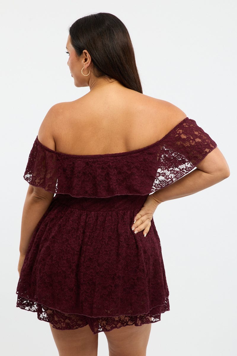 Red Playsuit Short Sleeve Off Shoulder Lace for YouandAll Fashion
