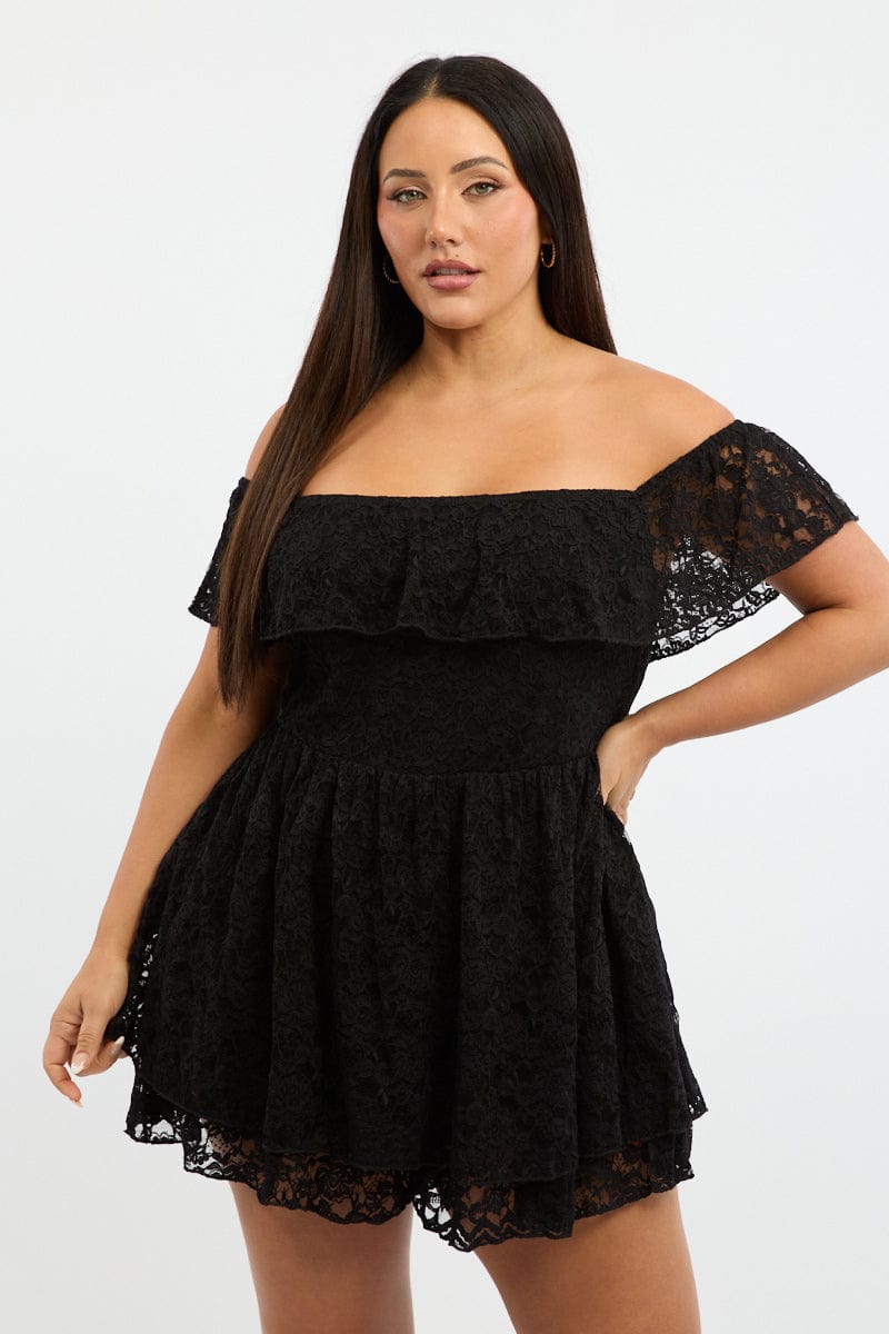 Black Playsuit Short Sleeve Off Shoulder Lace for YouandAll Fashion