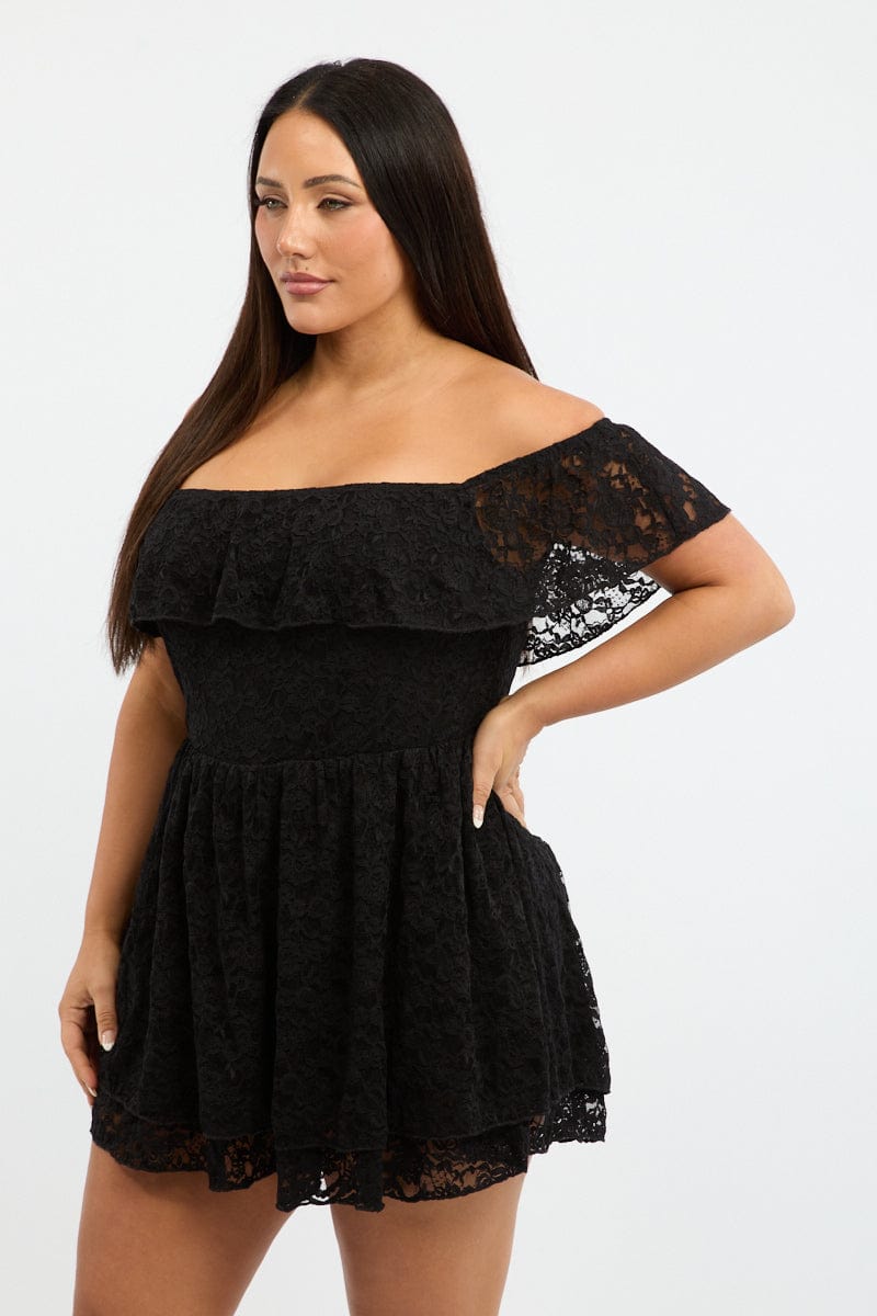 Black Playsuit Short Sleeve Off Shoulder Lace for YouandAll Fashion