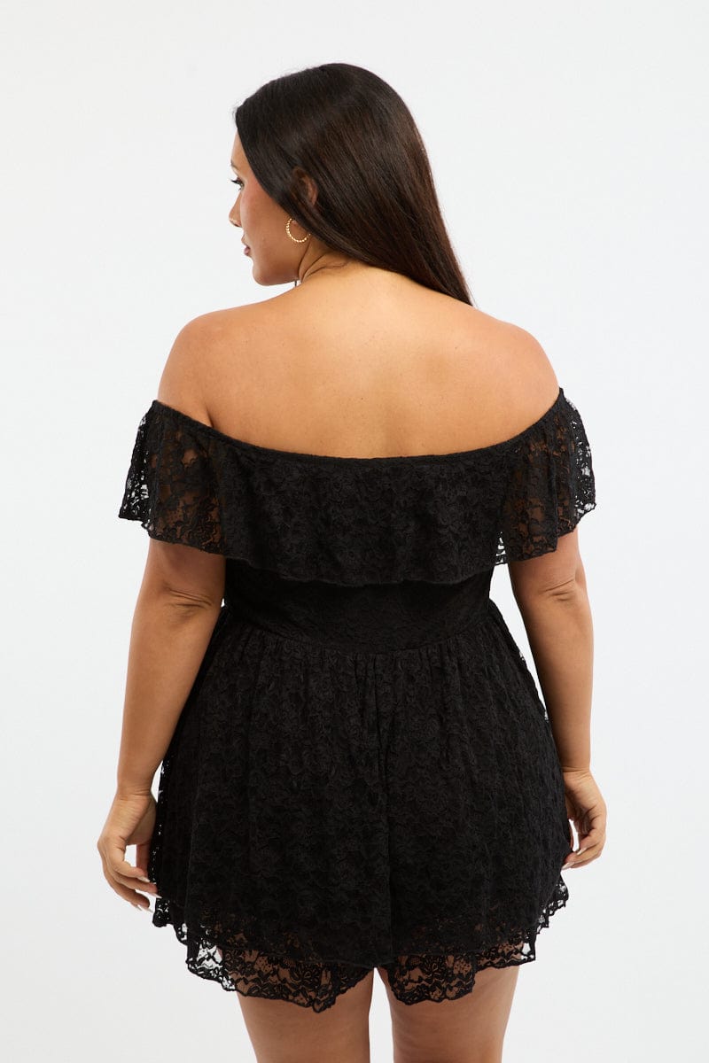 Black Playsuit Short Sleeve Off Shoulder Lace for YouandAll Fashion