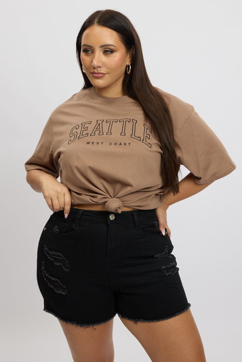 Brown Graphic Tee Short Sleeve Crew Neck for YouandAll Fashion