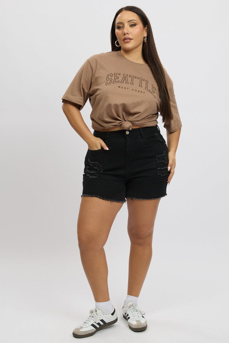 Brown Graphic Tee Short Sleeve Crew Neck for YouandAll Fashion